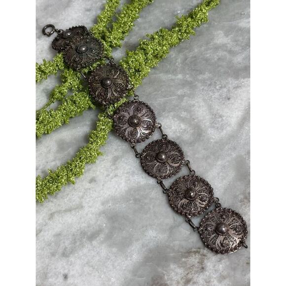 Antique Victorian Sterling Silver Filigree Flower Link Bracelet - Picture 1 of 9